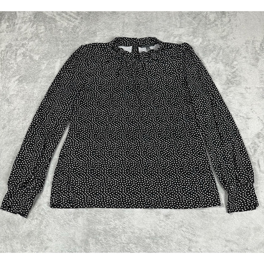 Adrianna Papell Blouse Women's Large Black White Polka Dot Gathered Neckline